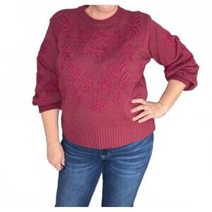 NEW BEFORE YOU COLLECTION flower embroidered puff sleeve sweater in wine